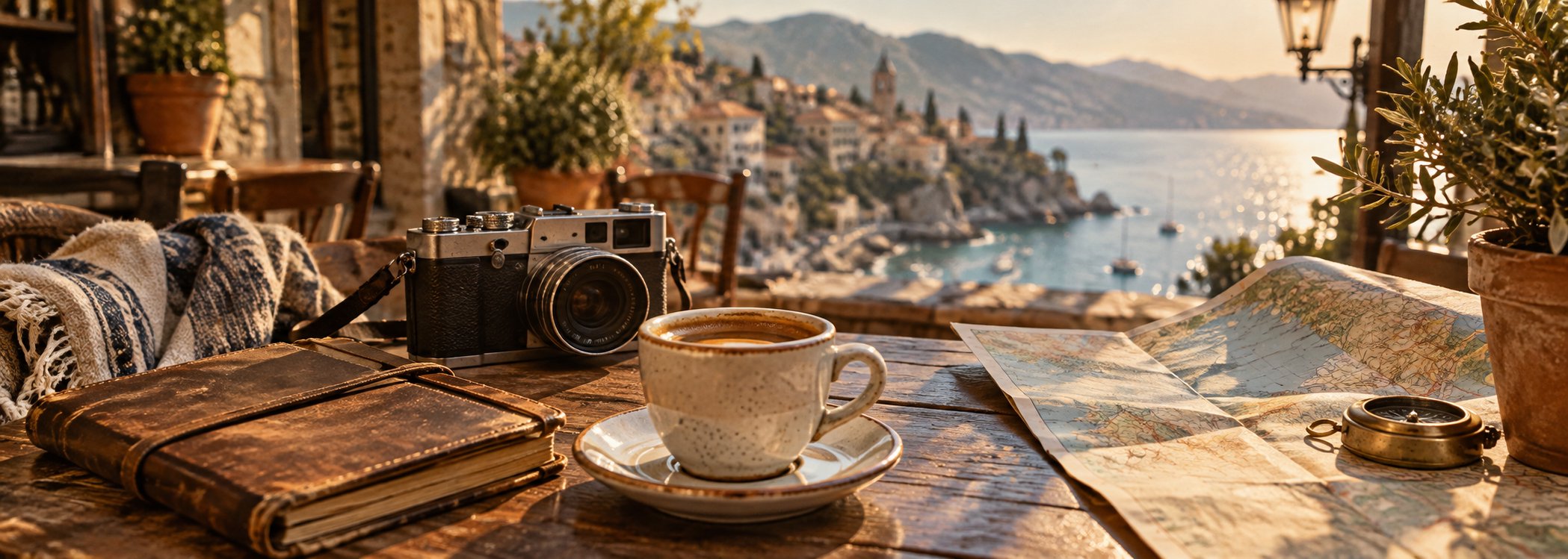 Espresso, analog camera, and map overlooking a coastal town