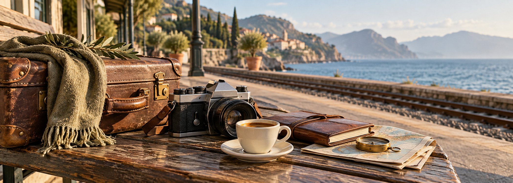 Leather suitcase and camera beside a coastal railway with coffee