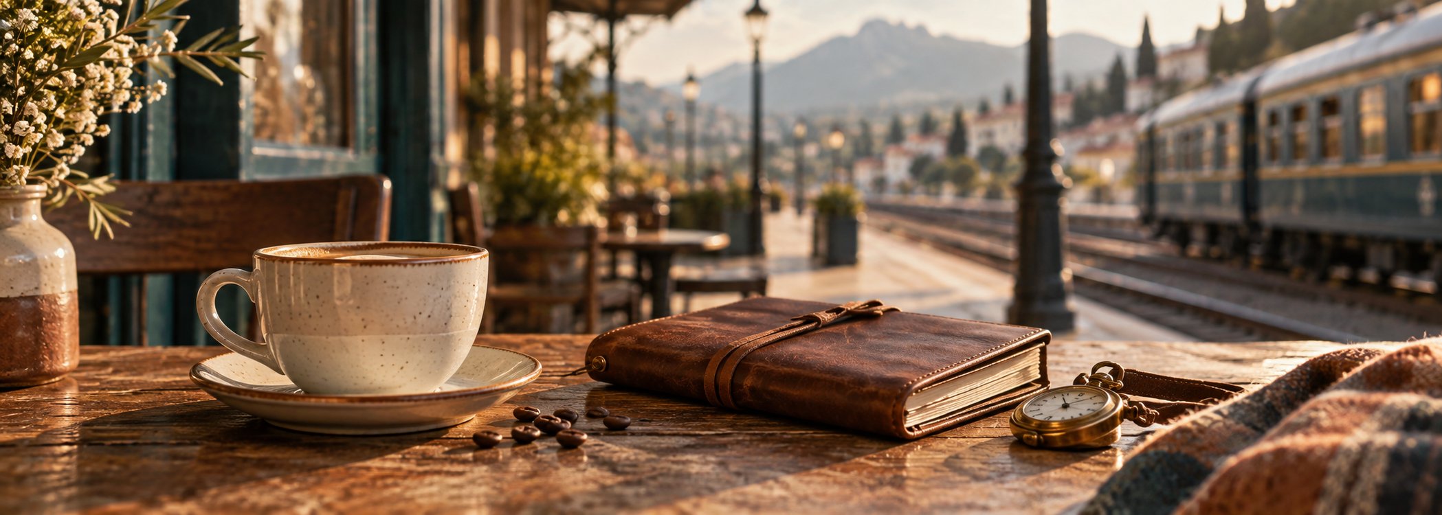 Coffee, leather journal, and pocket watch beside a train platform