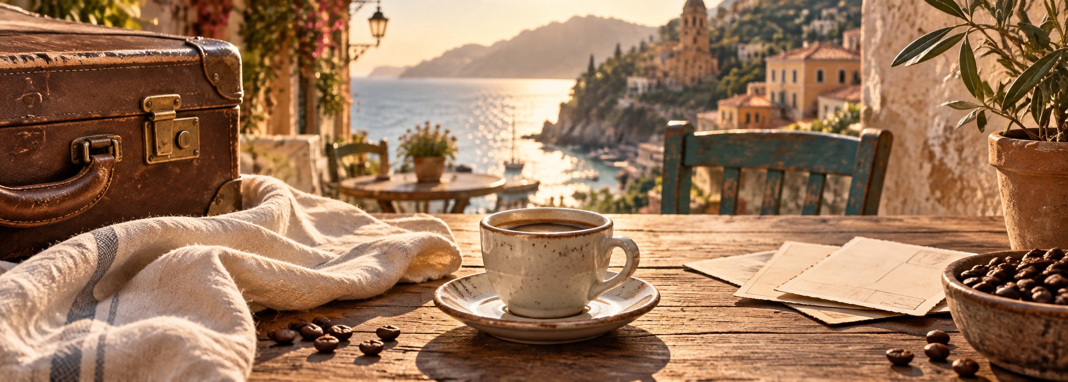 Espresso and vintage suitcase at a sunlit coastal café
