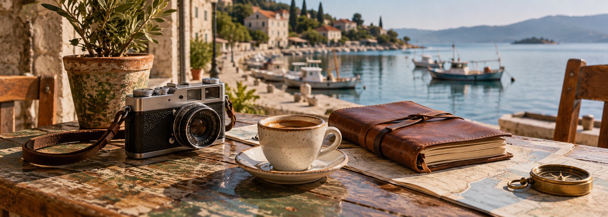 Vintage camera and leather journal beside coffee at a harbor