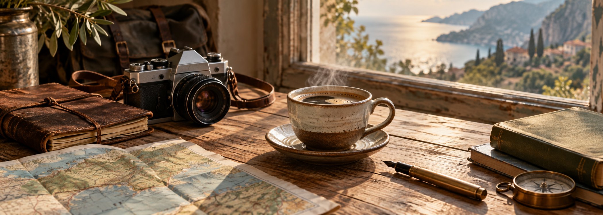 Coffee cup, folded map, and fountain pen on a travel table