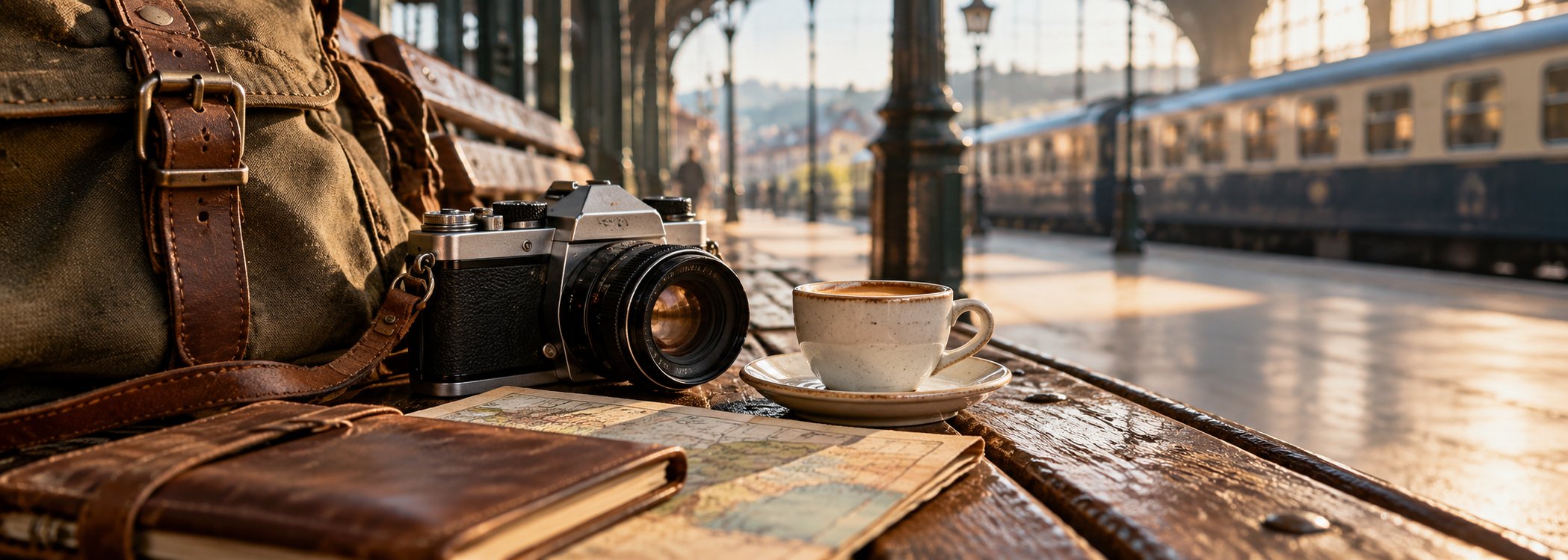 Film camera and coffee at a sunlit train platform
