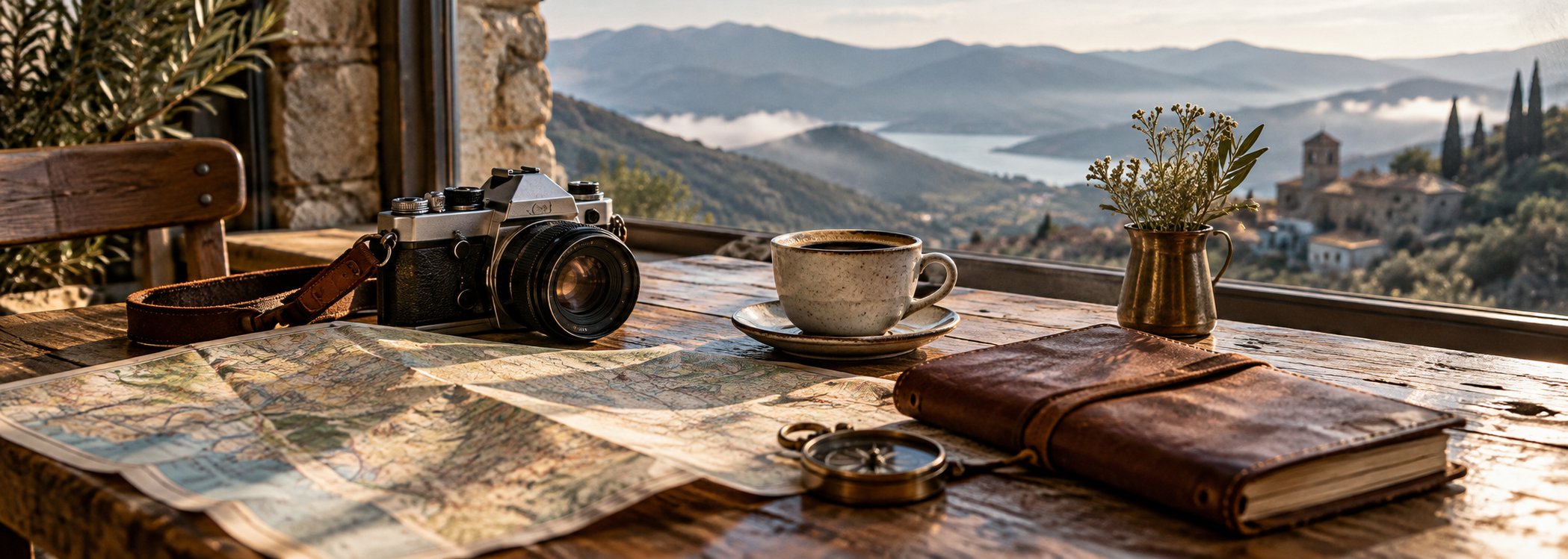 Vintage camera and map on a mountain café table