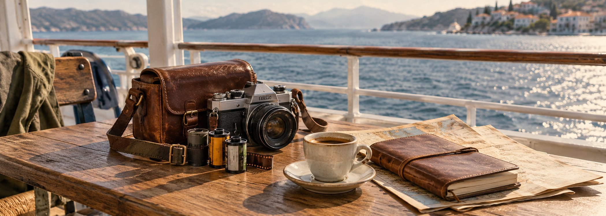 Film rolls and coffee cup on a ferry deck