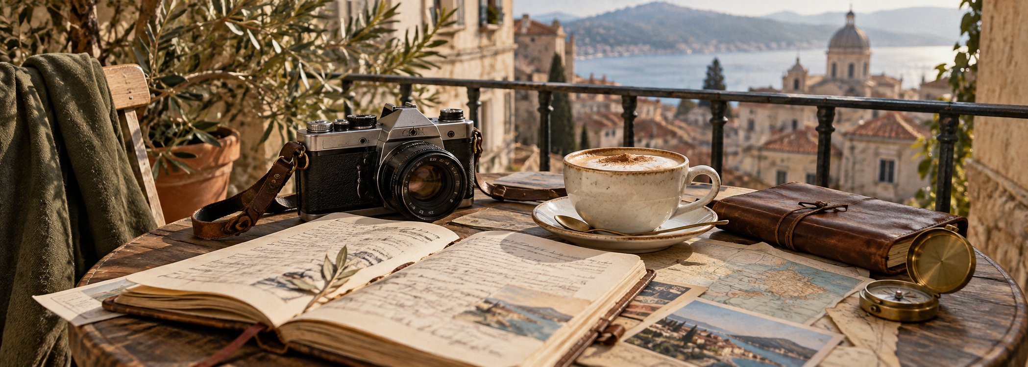 Vintage camera and notebook on a café table in an old city
