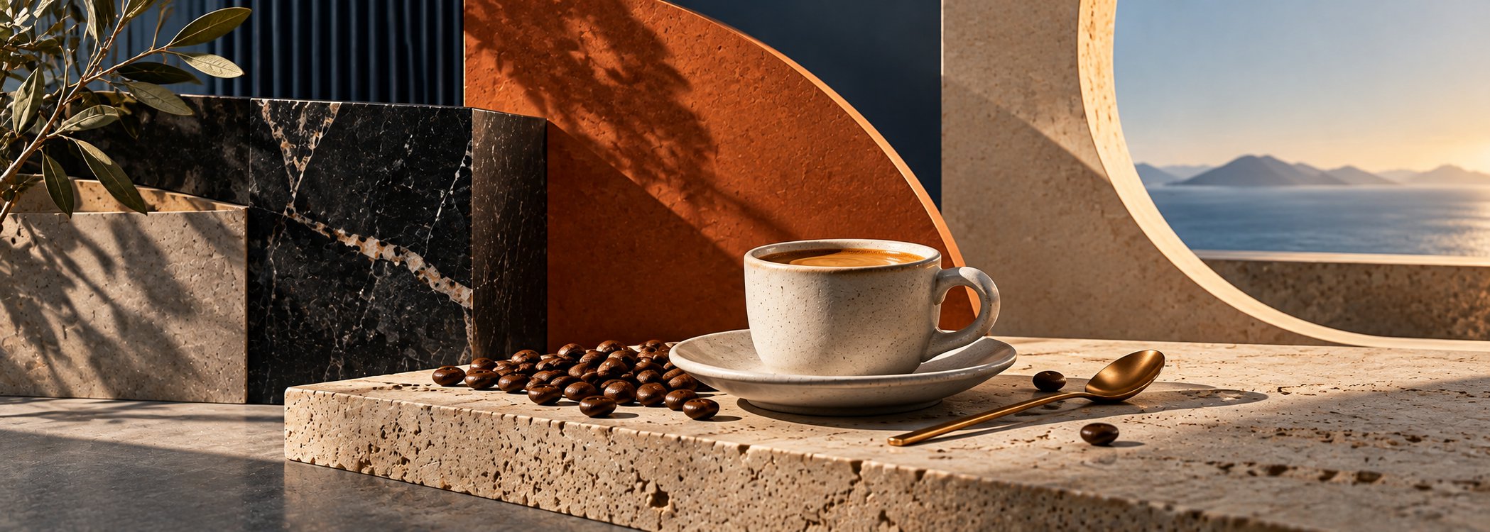Cream espresso cup on a limestone counter with black marble