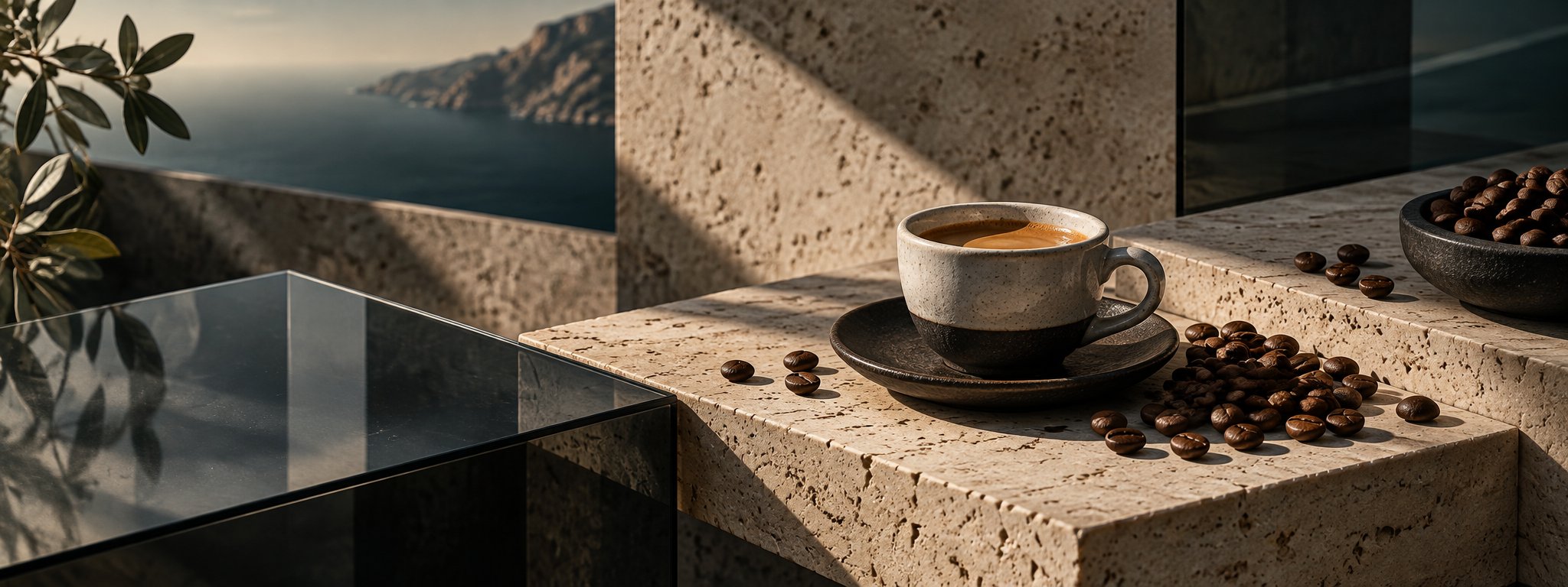 Architectural espresso scene with stone and glass