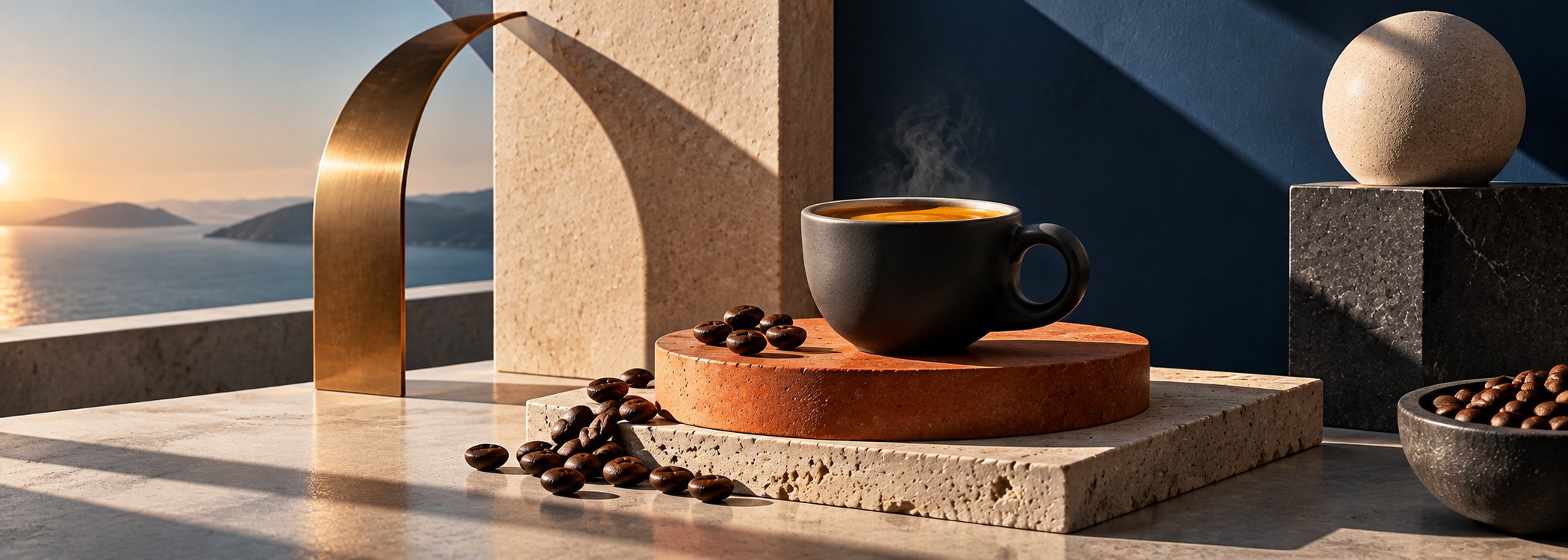Black espresso cup on a terracotta plinth with sea view
