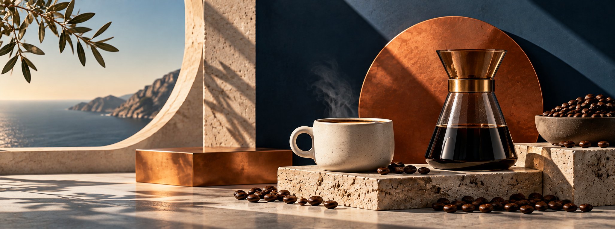 Glass coffee carafe with travertine and copper forms