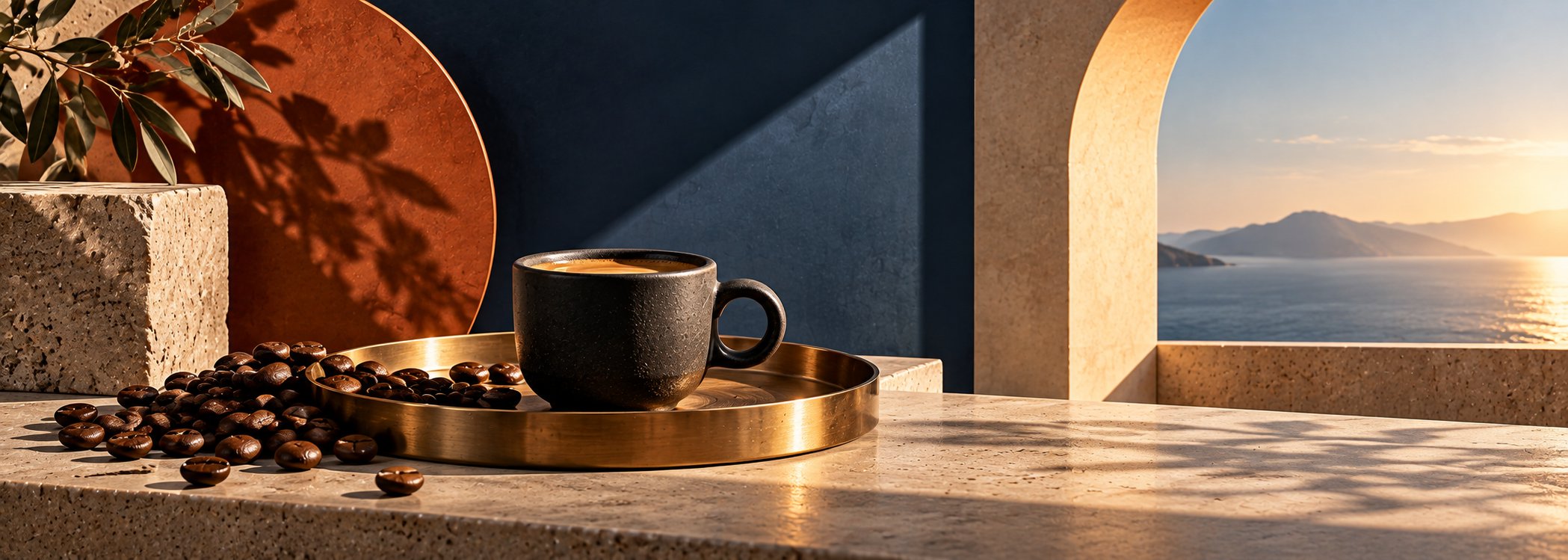 Dark cup on brass tray with a sculptural arch