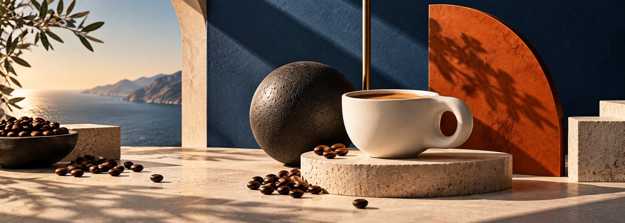 White coffee cup with basalt sphere and orange panel