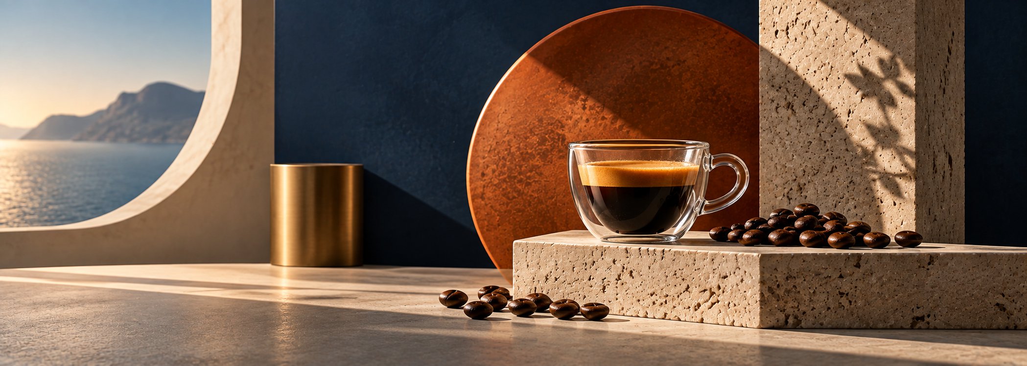 Glass espresso cup on travertine with copper disc