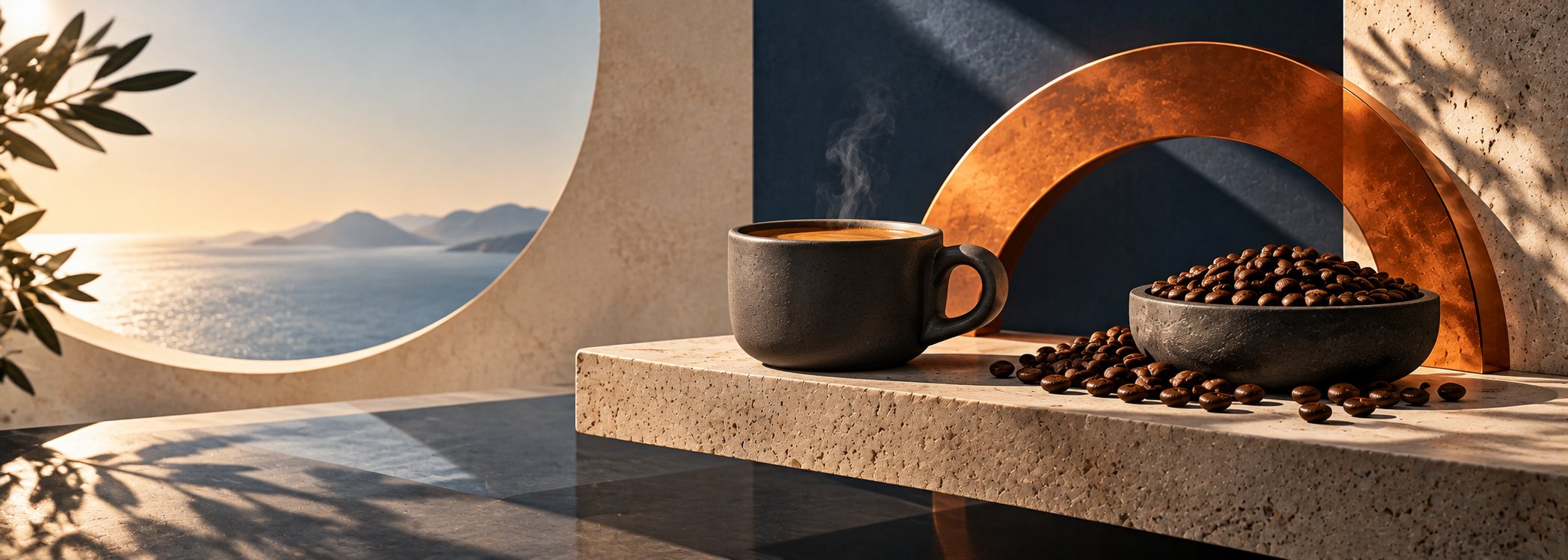 Dark coffee cup on a stone ledge beside an arched opening