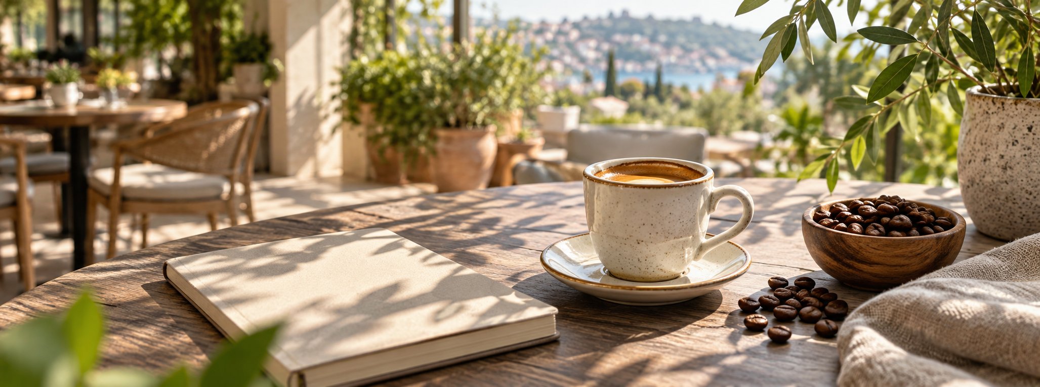 Sunlit café table with espresso and leafy shadows