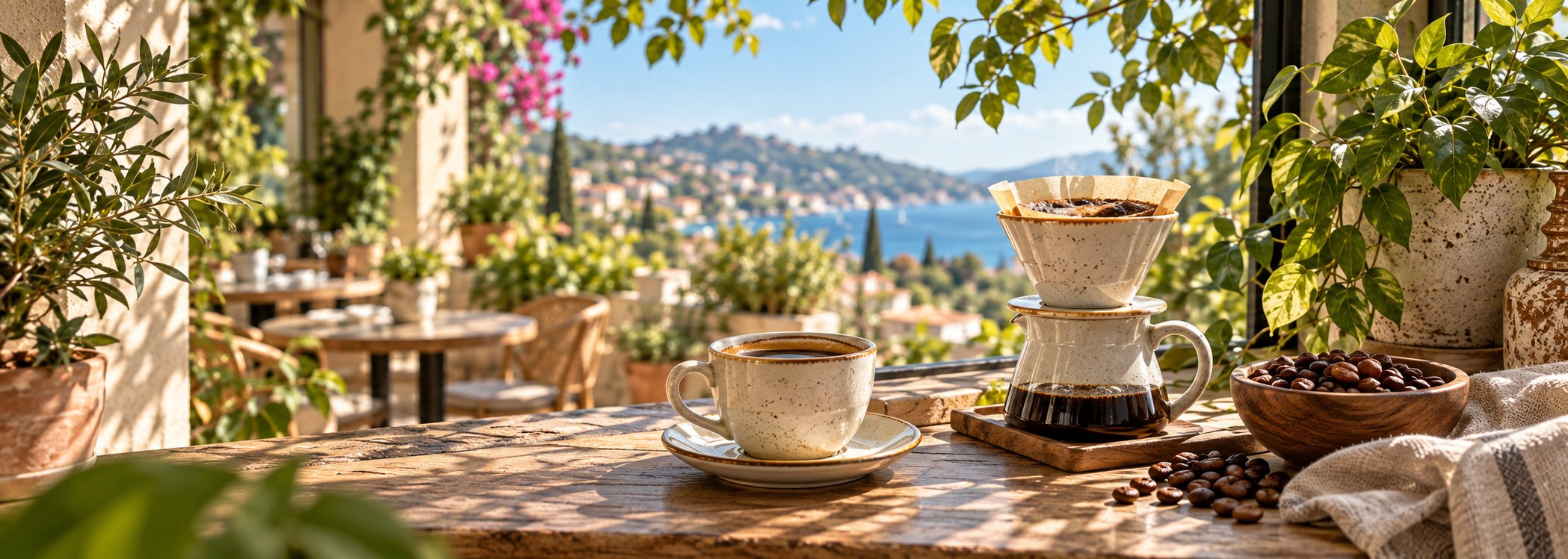 Café window with pour-over coffee and trailing plants