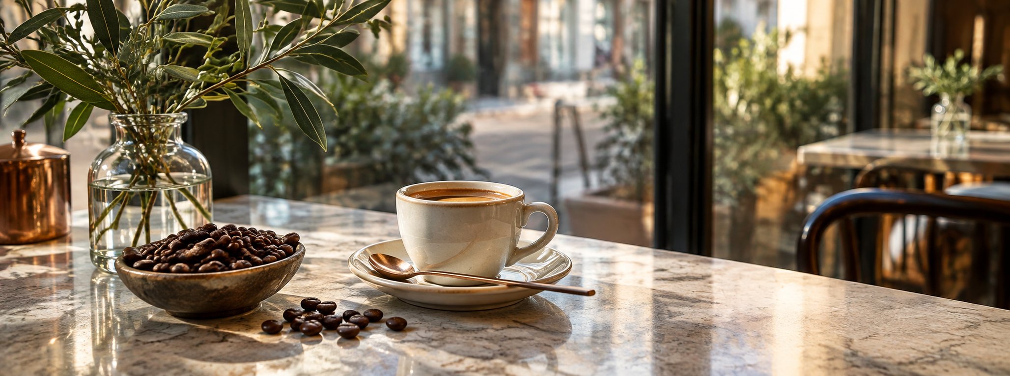 Café window scene with espresso and greenery