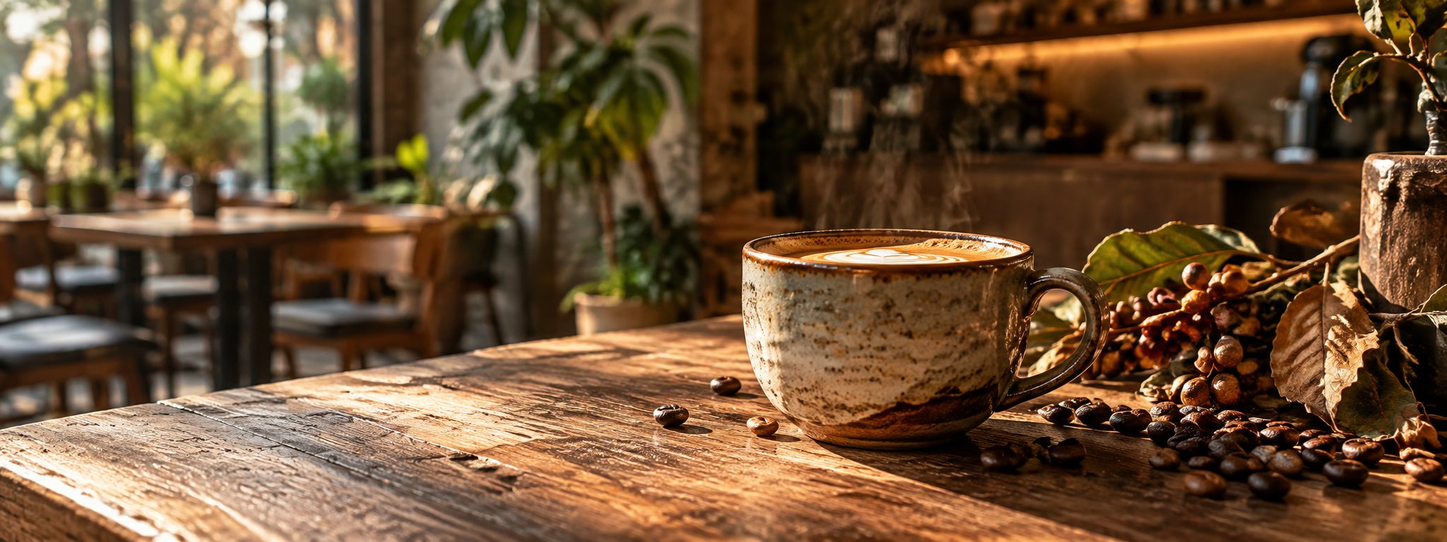 Lifestyle coffee scene with ceramic cup and botanical accents
