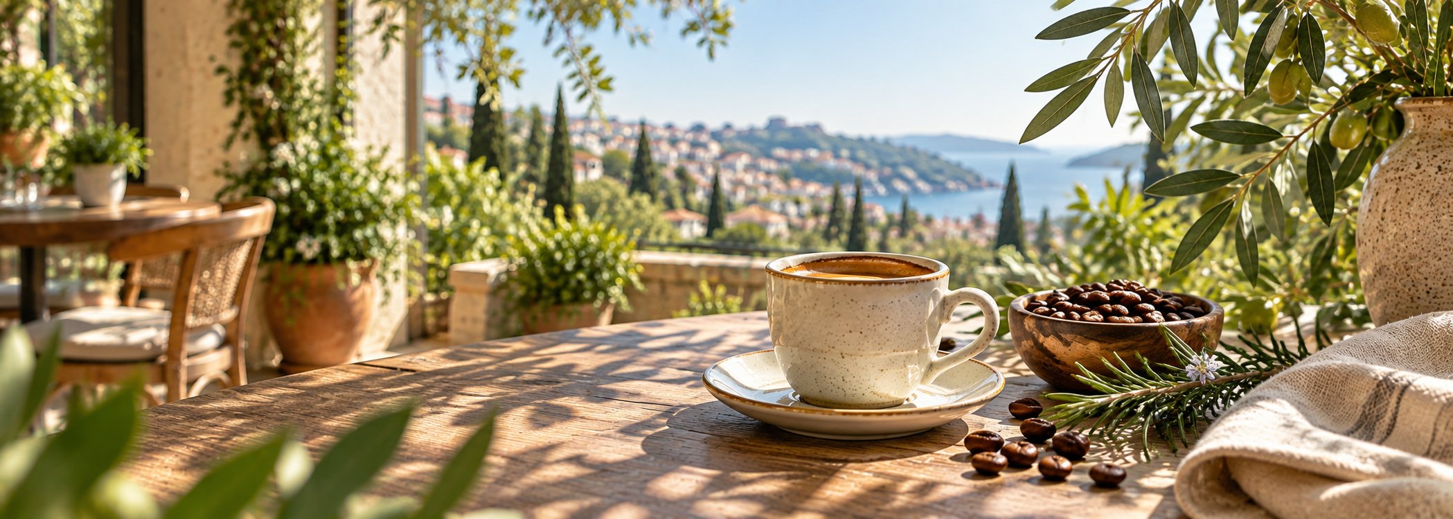 Espresso table with rosemary, olive leaves, and a hillside view