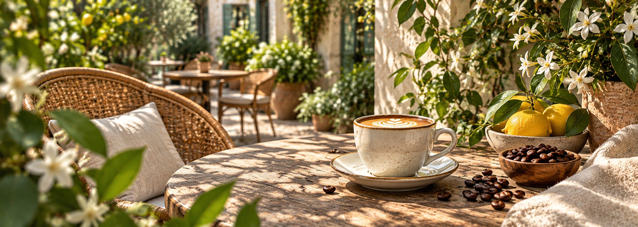 Garden café table with cappuccino, lemons, and jasmine