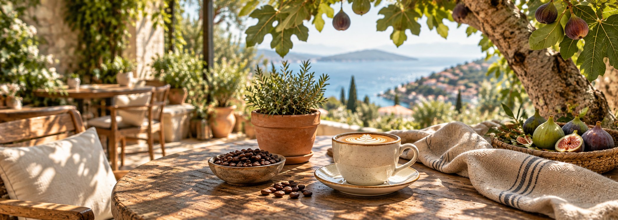 Café table beneath a fig tree with latte and fruit