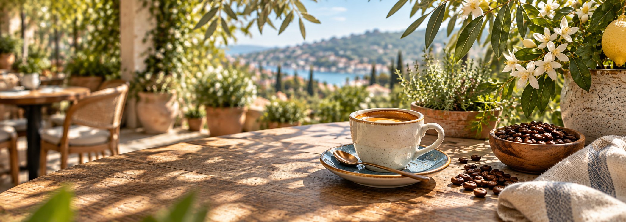 Garden café corner with espresso, herbs, and lemon blossom