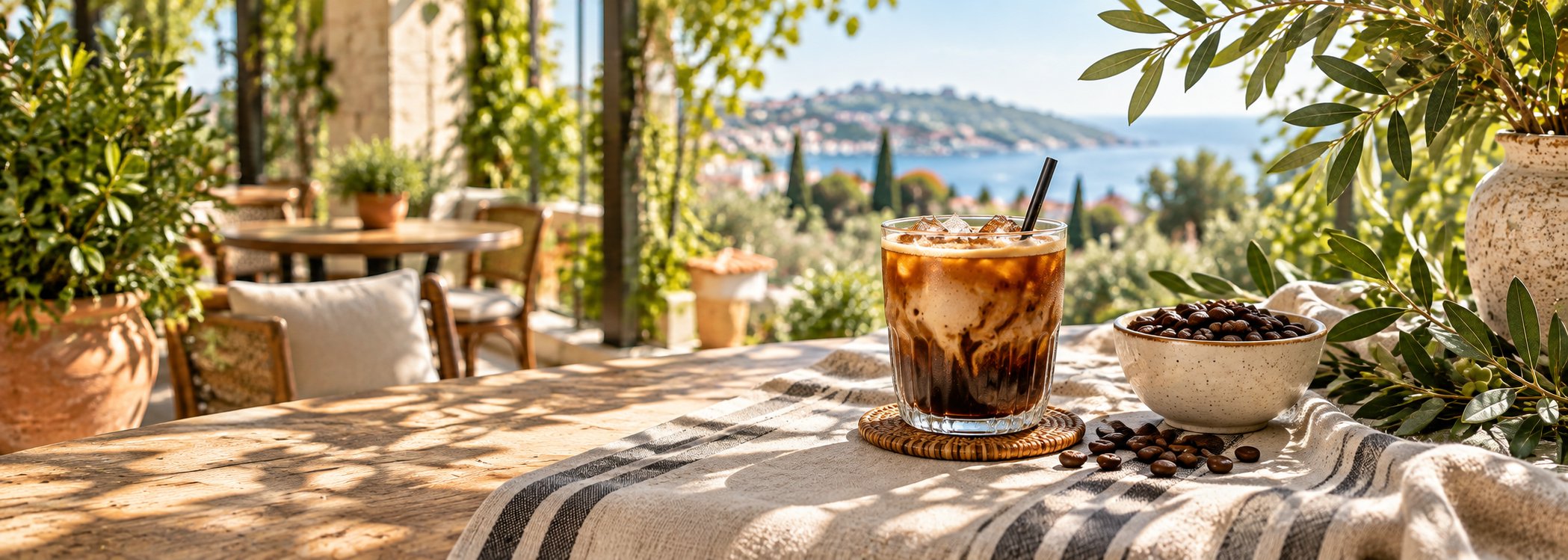 Mediterranean patio table with iced coffee and olive branches