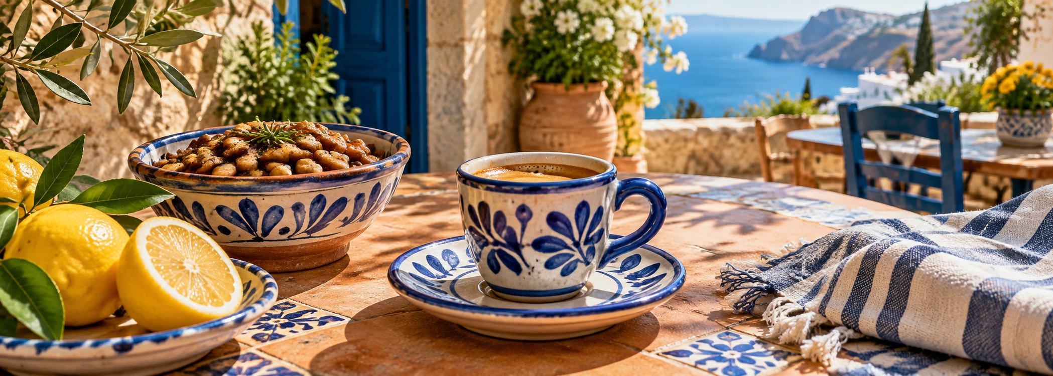 Cobalt espresso cup with lemons and patterned ceramics