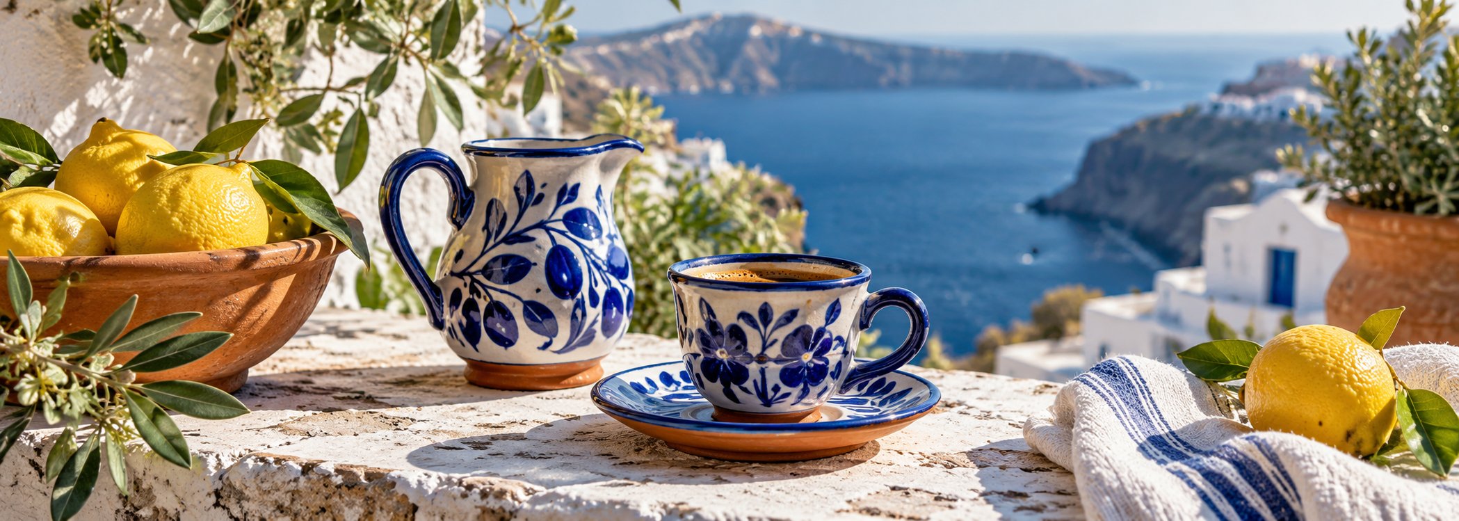 Cobalt ceramic coffee set on a bright white seaside terrace