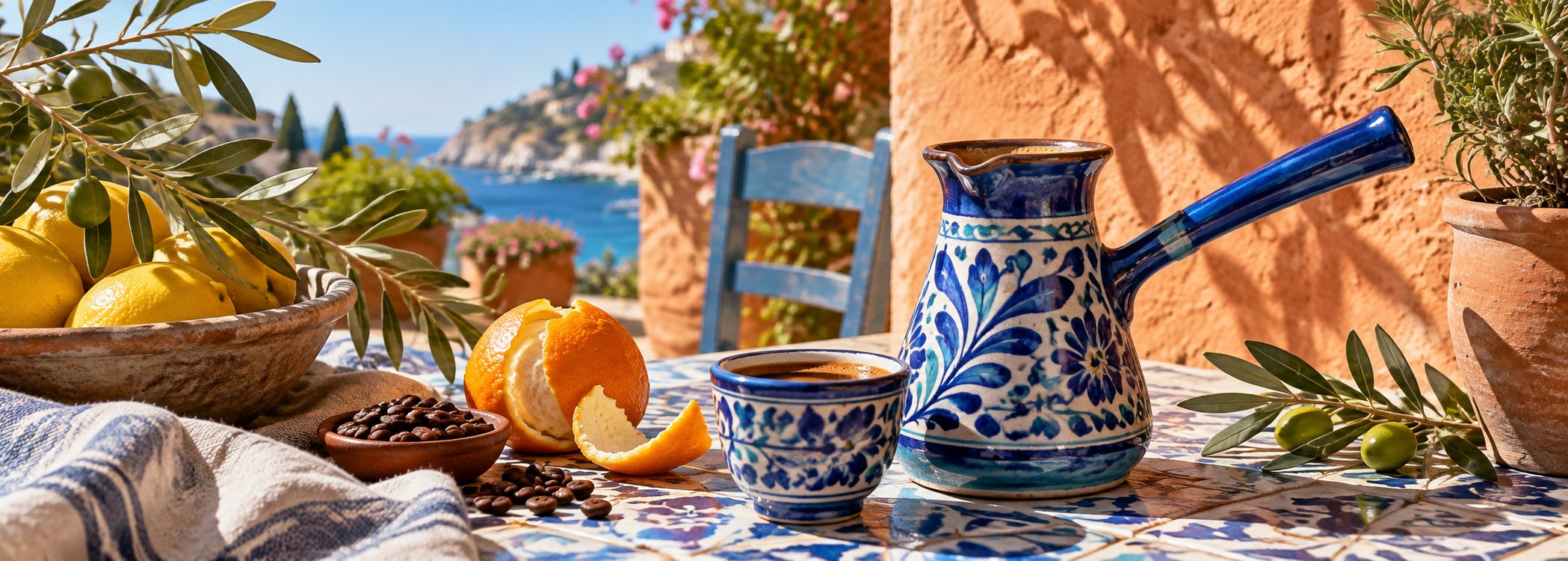 Hand-painted blue coffee pot with citrus and olive leaves