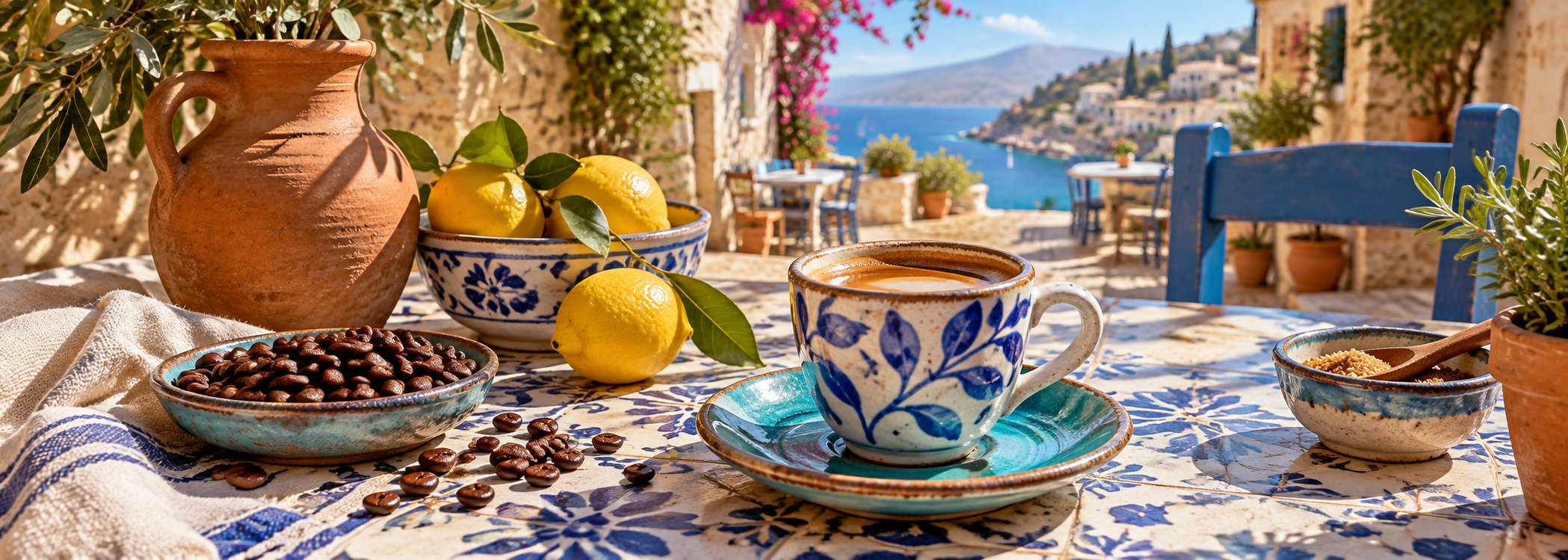 Blue ceramic coffee cup on a tiled Mediterranean table