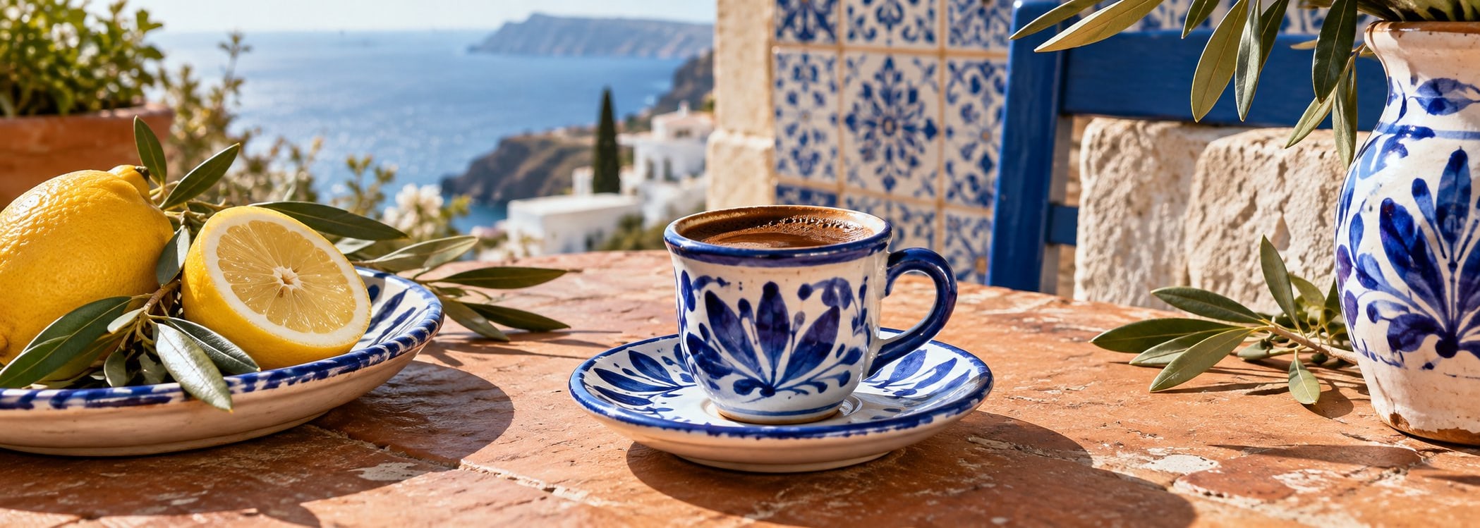 Cobalt coffee cup with lemon on a blue-and-white tiled wall