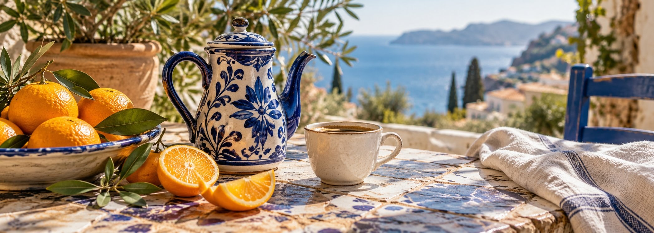 Hand-painted coffee pot with orange and small espresso cup
