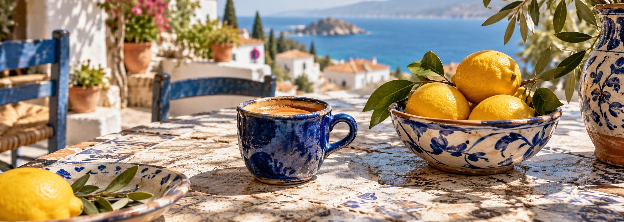 Blue ceramic cup and fresh lemon on a sunlit tile counter