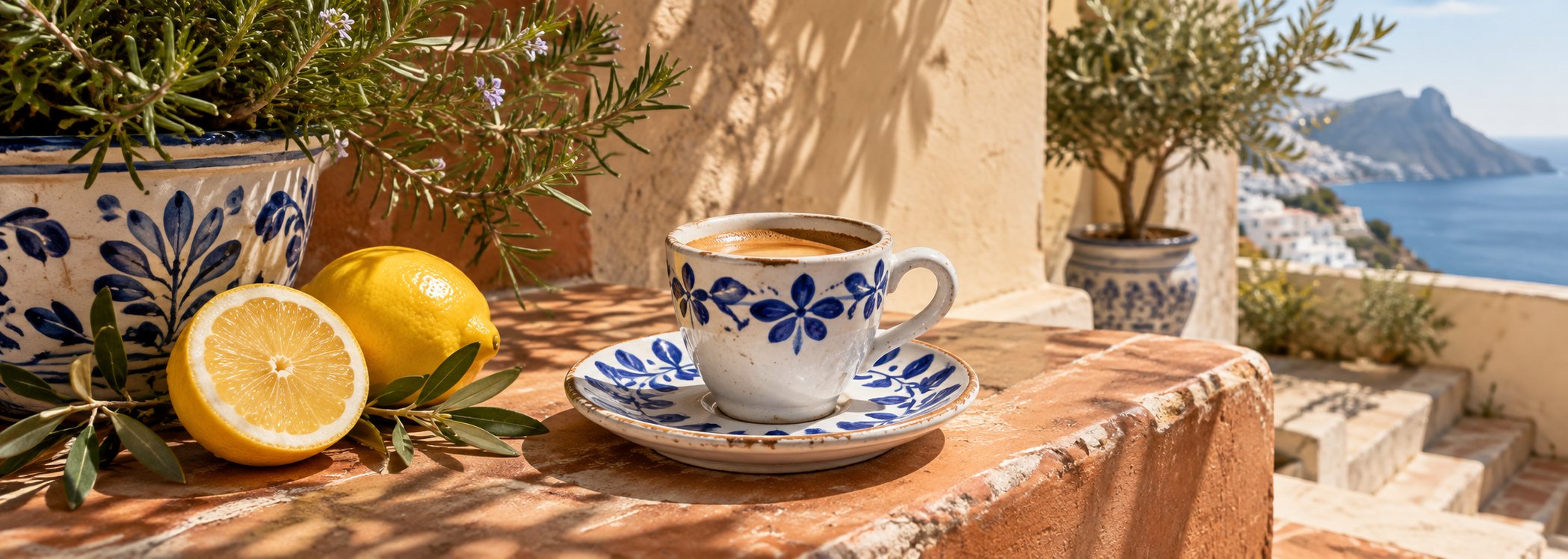 Cobalt cup, terracotta dish, and rosemary on a tiled table