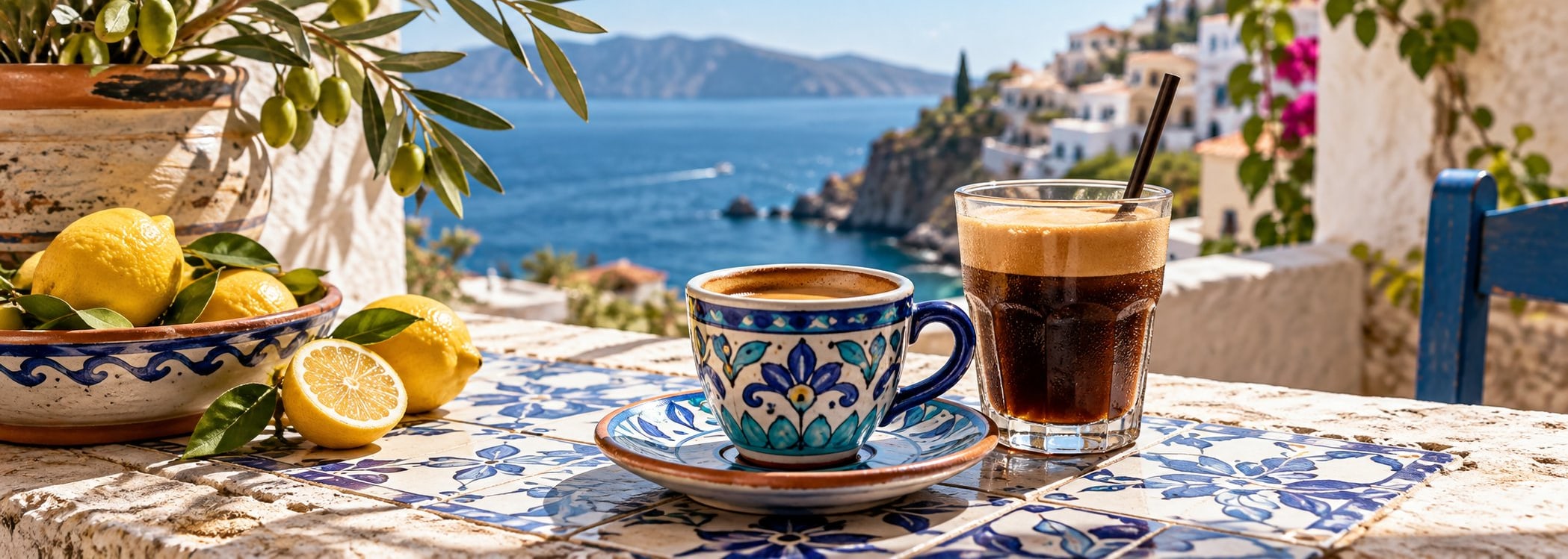 Iced coffee in a blue glass on hand-painted Mediterranean tiles