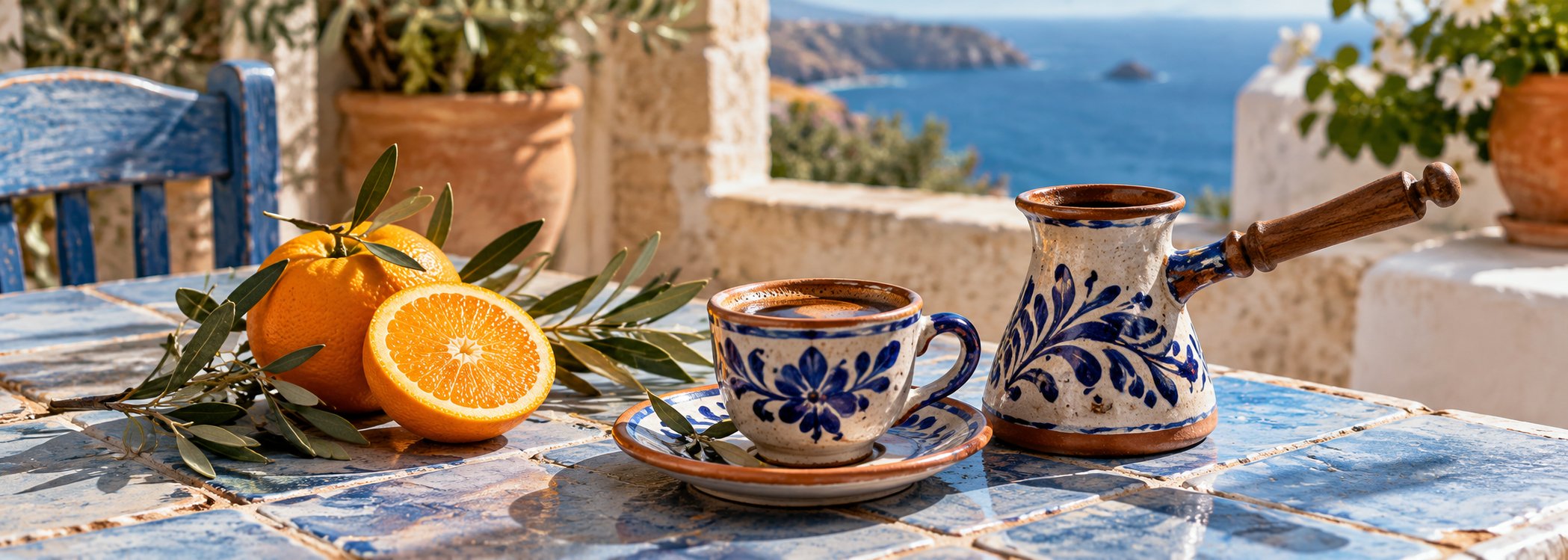 Terracotta coffee pot with citrus on patterned blue tiles