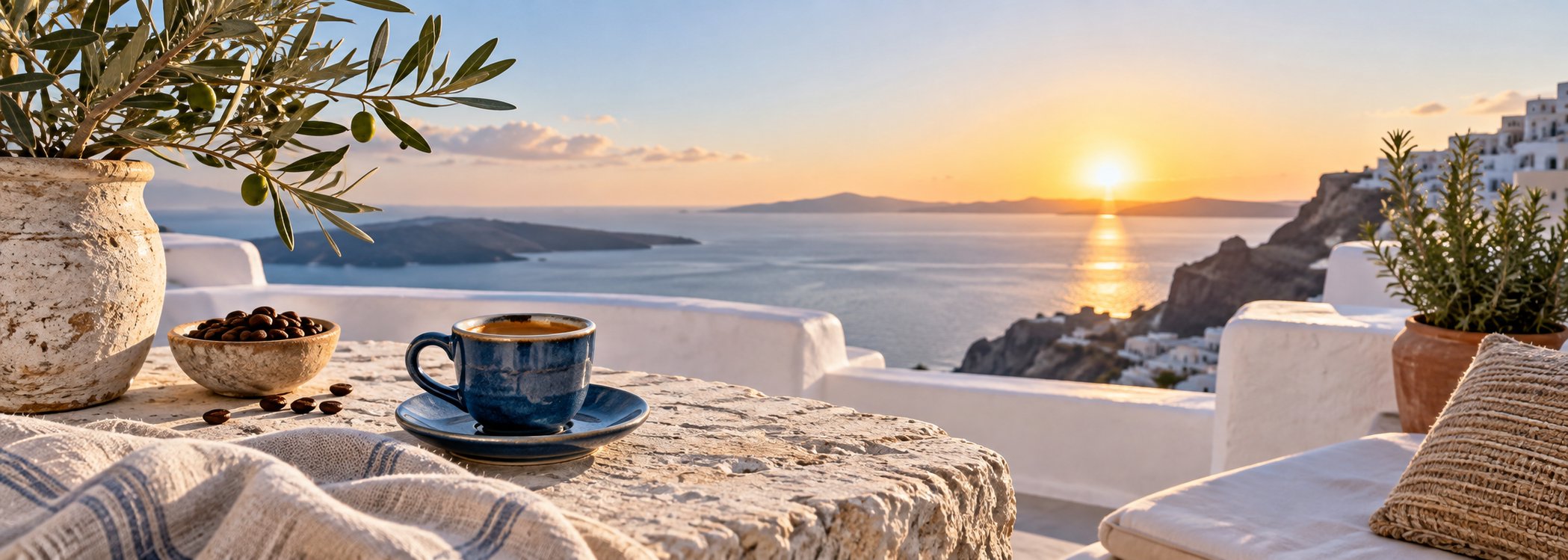 Blue espresso cup on an Aegean terrace at sunrise