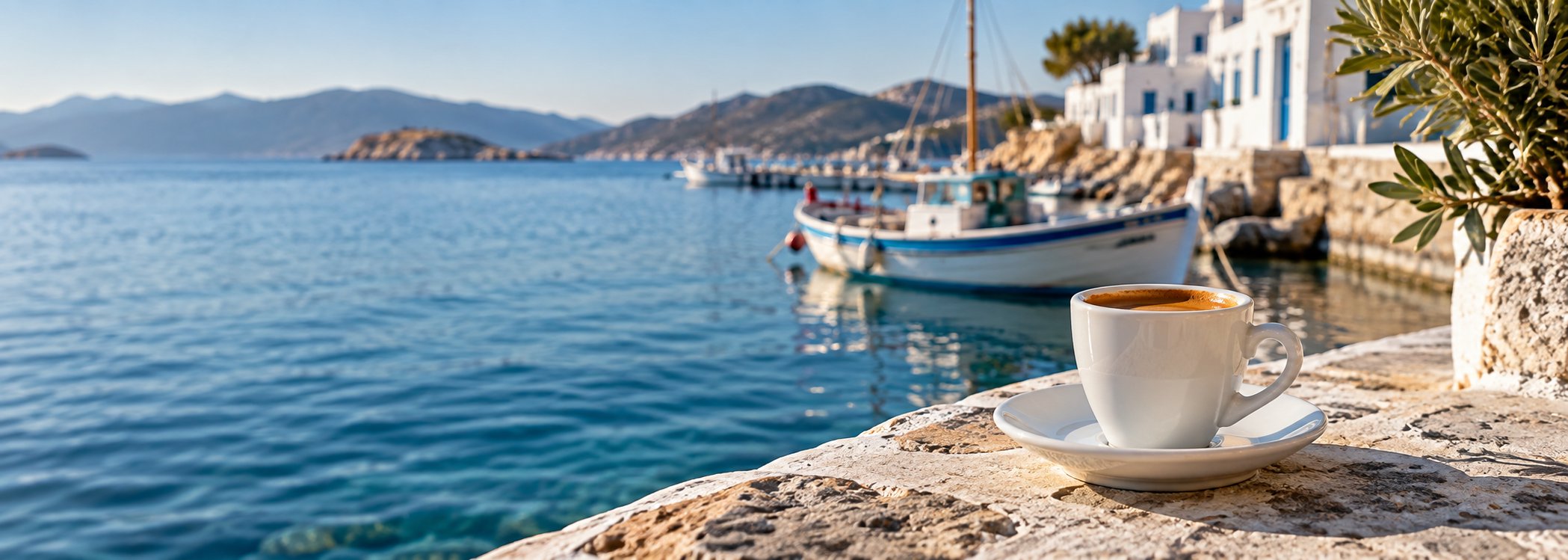 Espresso beside fishing boats in a quiet Aegean harbor