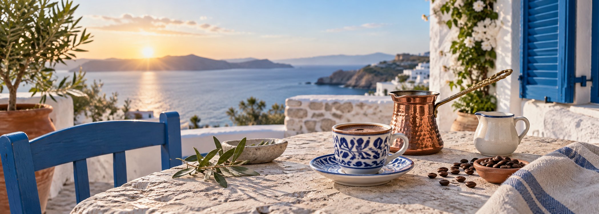 Greek coffee pot on a seaside terrace with blue shutters