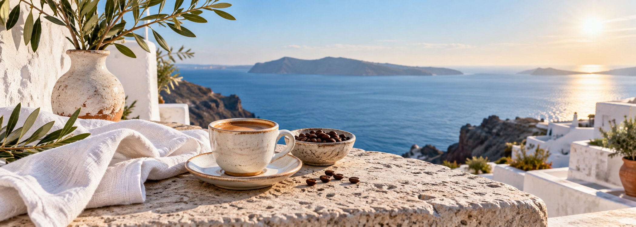 Coffee on a pale stone terrace overlooking the Aegean