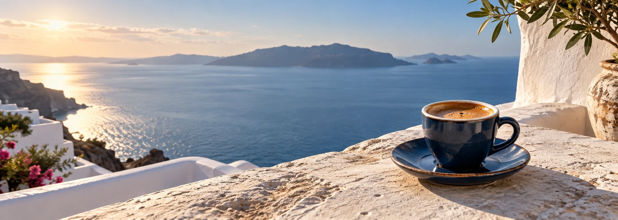 Dark espresso on a stone ledge above the Aegean at dawn