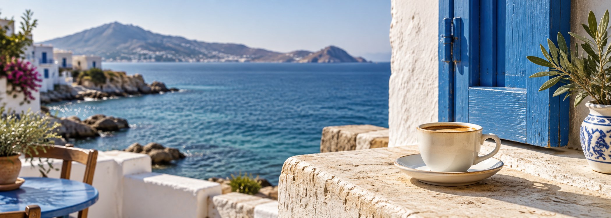 Coffee cup on a sunlit terrace with blue shutters