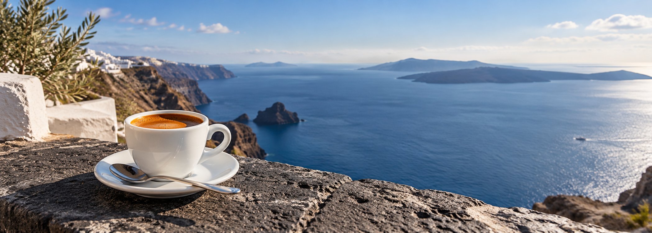 Espresso on volcanic stone overlooking the bright blue bay