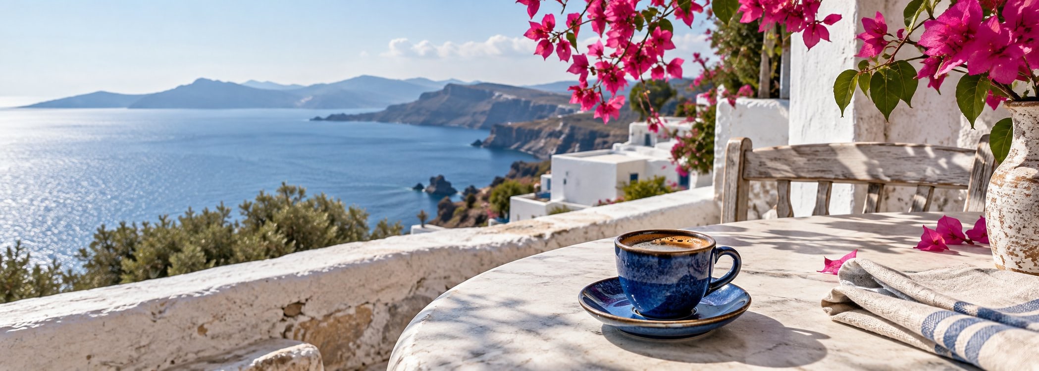 Blue coffee cup on a white terrace shaded by bougainvillea