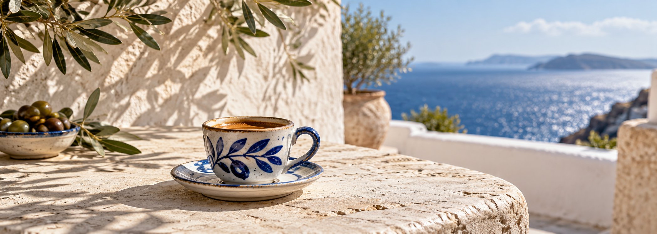 Patterned coffee cup and saucer in olive-tree shade