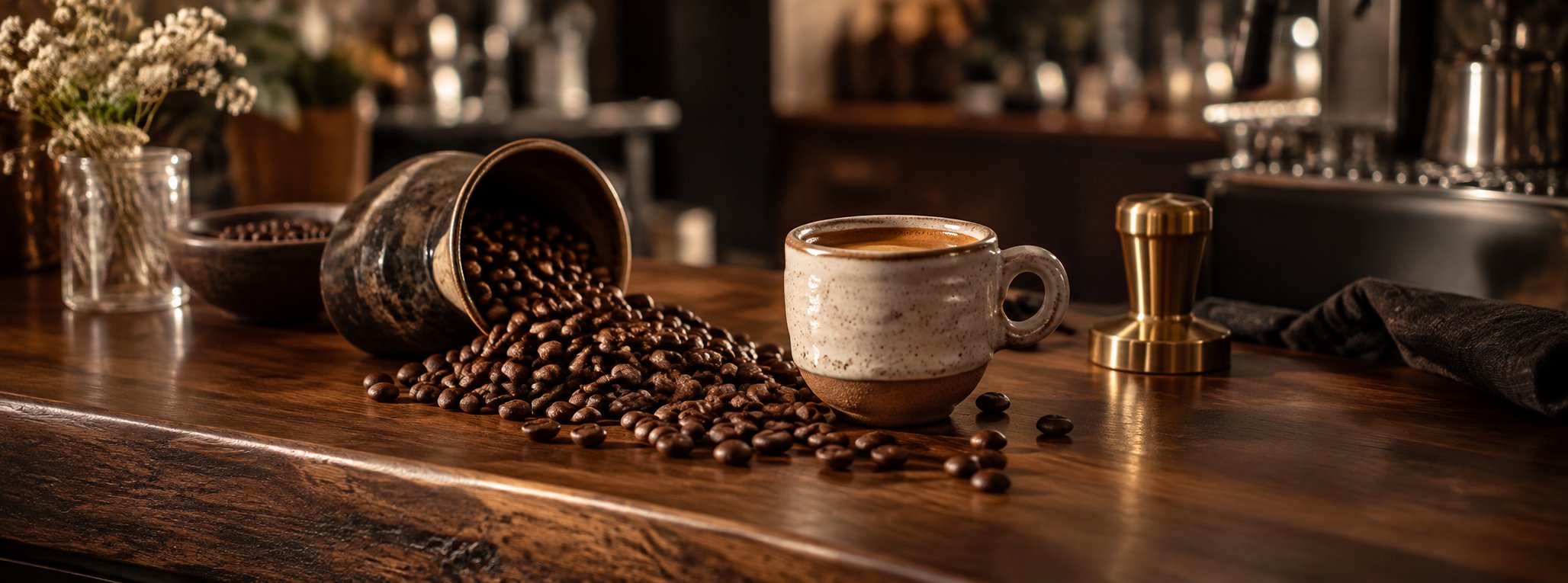 Editorial coffee still life with espresso and roasted beans