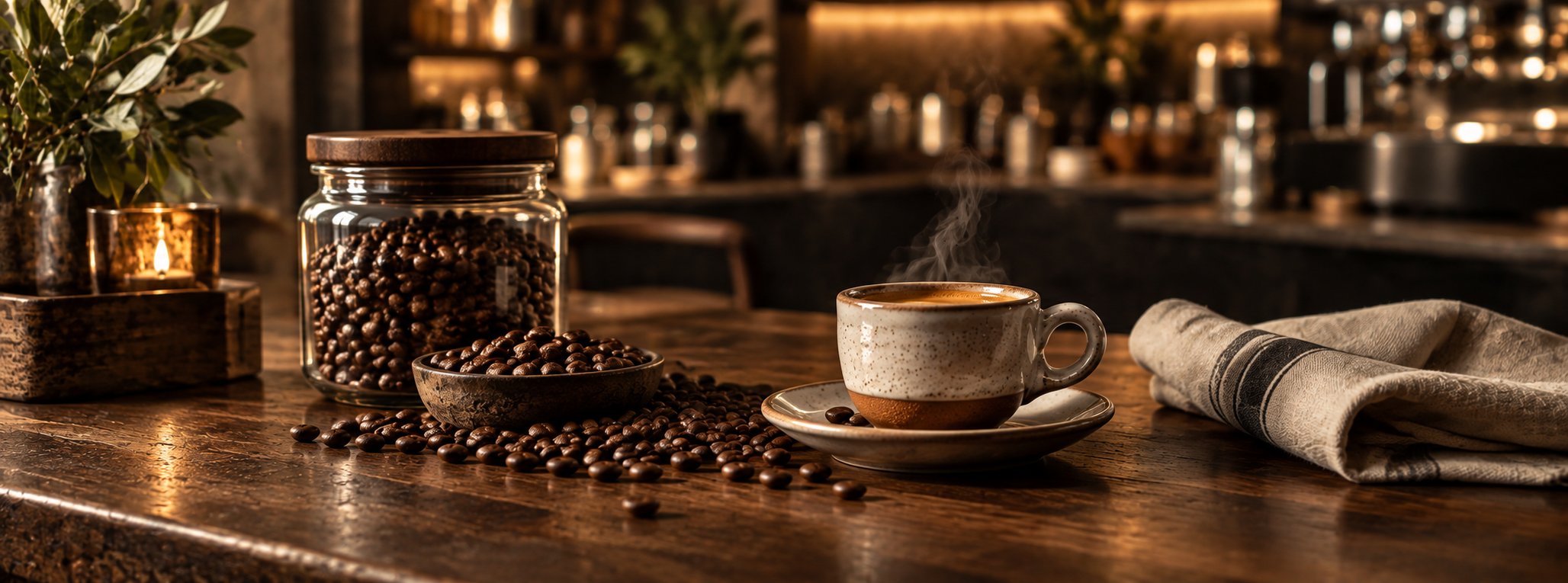 Steaming espresso beside a glass jar of beans