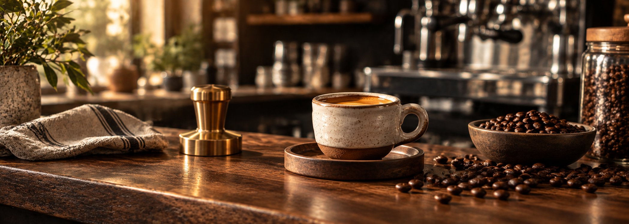 Premium espresso with brass tamper on a café counter