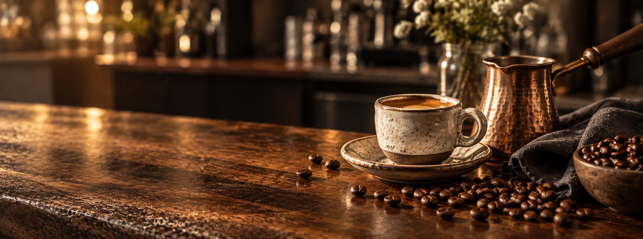 Espresso cup with copper cezve on a walnut bar